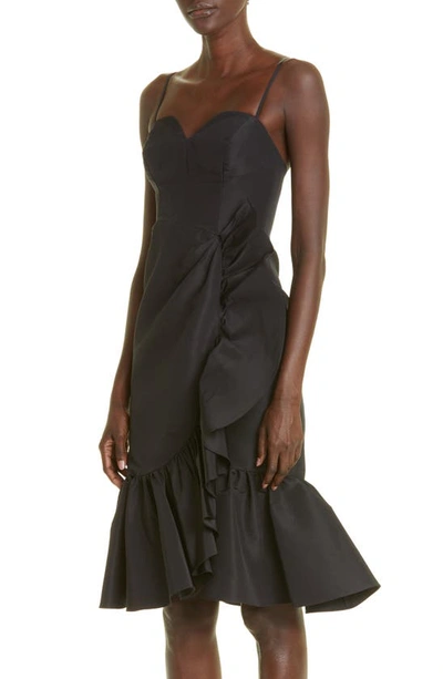 Shop Carolina Herrera Gathered Ruffle Detail Silk Midi Dress In Black