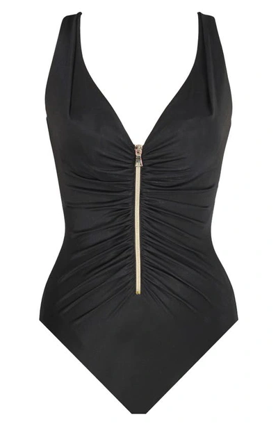Miraclesuit Razzle Dazzle Zip-up One-piece Swimsuit In Black