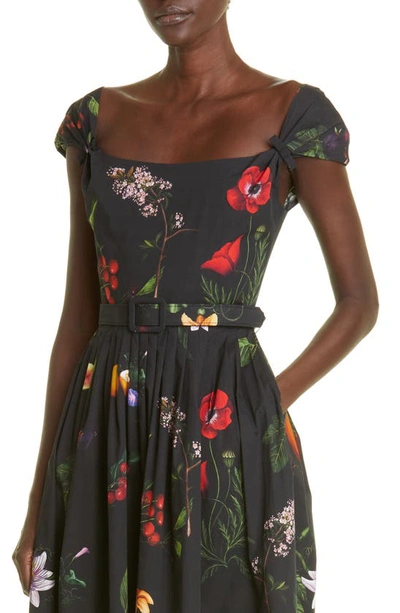 Shop Oscar De La Renta Belted Garden Print Cap Sleeve Stretch Cotton Poplin Midi Dress In Black Multi