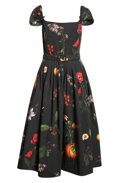 Shop Oscar De La Renta Belted Garden Print Cap Sleeve Stretch Cotton Poplin Midi Dress In Black Multi
