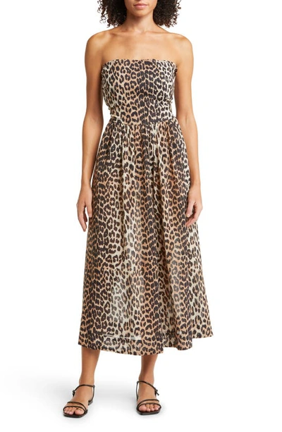 Shop Ganni Leopard Print Strapless Organic Cotton Cover-up Dress