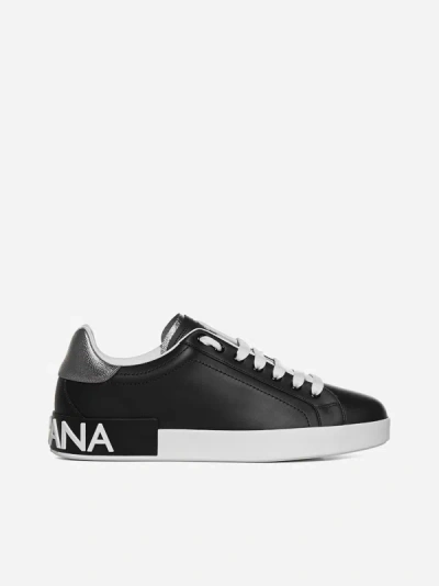 Shop Dolce & Gabbana Portofino Leather Sneakers In Black,silver