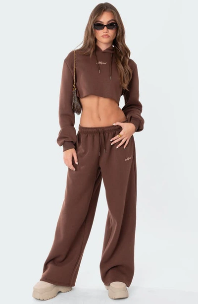 Shop Edikted Brenna Low Rise Wide Leg Sweatpants In Brown