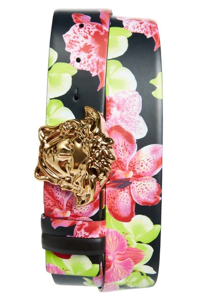 Shop Versace Medusa Head Buckle Orchid Print Leather Belt In Nero/ Multi