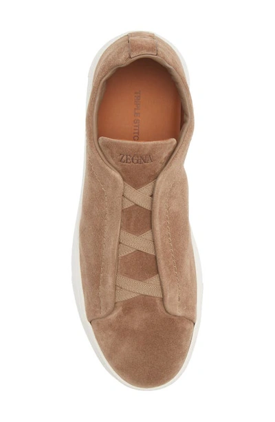 Zegna Man Cappuccino Suede Triple Stitch Slip Ons In Multi