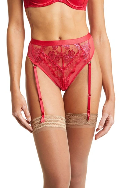 Shop Ann Summers Carmen Embroidered High Waist Suspender Thong In Red/ Burgundy