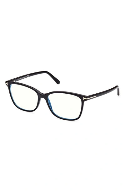 Tom Ford 56mm Rectangular Blue Light Blocking Glasses In Shiny Black