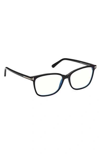 Tom Ford 56mm Rectangular Blue Light Blocking Glasses In Shiny Black
