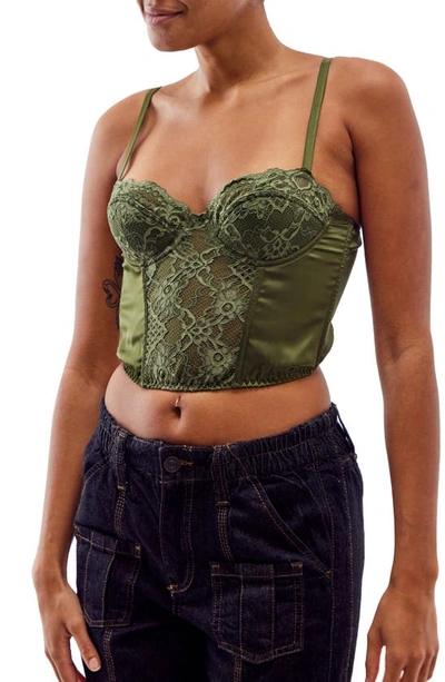 Shop Bdg Urban Outfitters Lace & Satin Corset Crop Top In Khaki