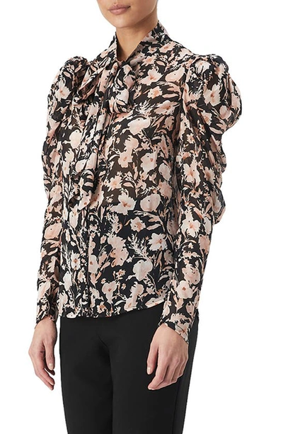 Shop Bardot Amielie Floral Puff Sleeve Tie Neck Blouse In Apricot Floral