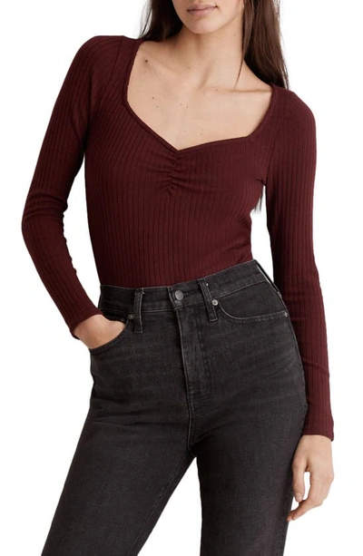 Shop Madewell Ribbed Sweetheart Sweater Top In Cabernet