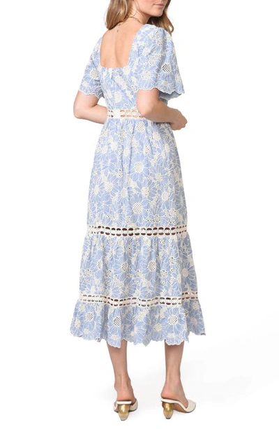 Shop Adelyn Rae Hilda Embroidered Cotton Midi Dress In Blue Chambray