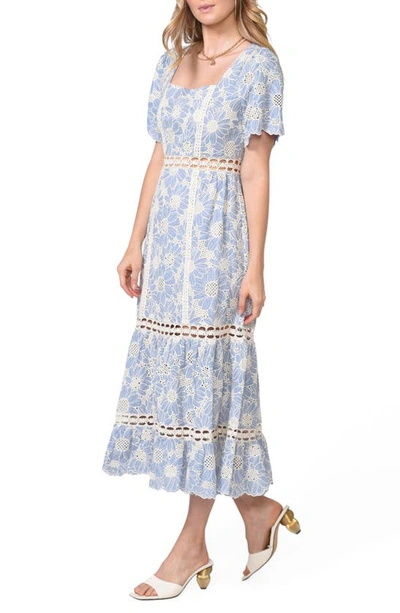 Shop Adelyn Rae Hilda Embroidered Cotton Midi Dress In Blue Chambray