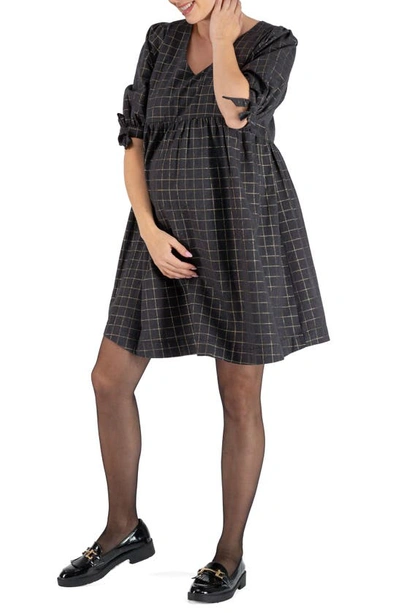 Shop Cache Coeur Janis Windowpane Plaid Tie Sleeve Maternity/nursing Dress In Grey