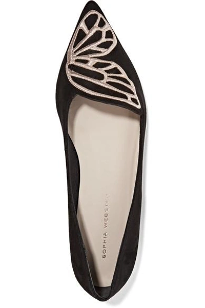 Shop Sophia Webster Bibi Butterfly Embroidered Suede Point-toe Flats In Black