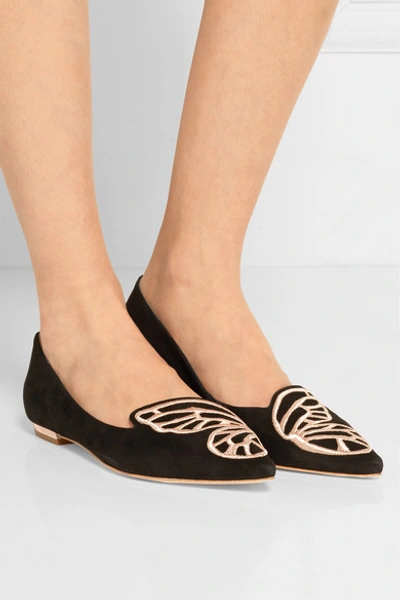 Shop Sophia Webster Bibi Butterfly Embroidered Suede Point-toe Flats In Black