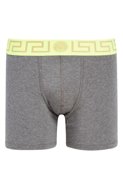 Shop Versace Long Stretch Cotton Trunks In Fluo Yellow/ Grey