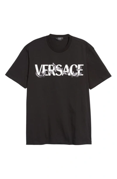 Shop Versace Fleur Embroidered Logo Graphic Tee In Black/ White