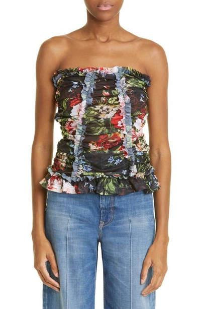 Shop Molly Goddard Tracey Floral Print Strapless Blouse In Black Floral