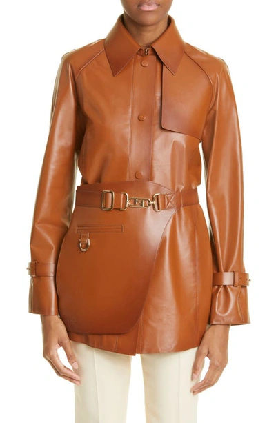 Shop Fendi Belted Leather Trench Jacket In Joe