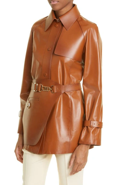 Shop Fendi Belted Leather Trench Jacket In Joe