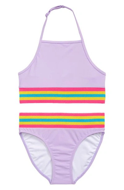 Shop Nordstrom Kids' Stripe Trim Two-piece Swimsuit In Purple Secret