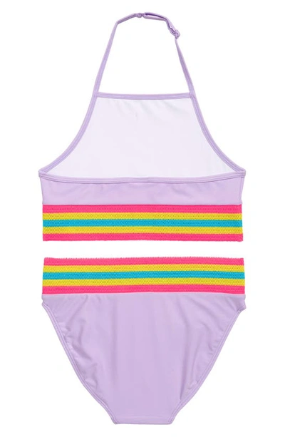 Shop Nordstrom Kids' Stripe Trim Two-piece Swimsuit In Purple Secret