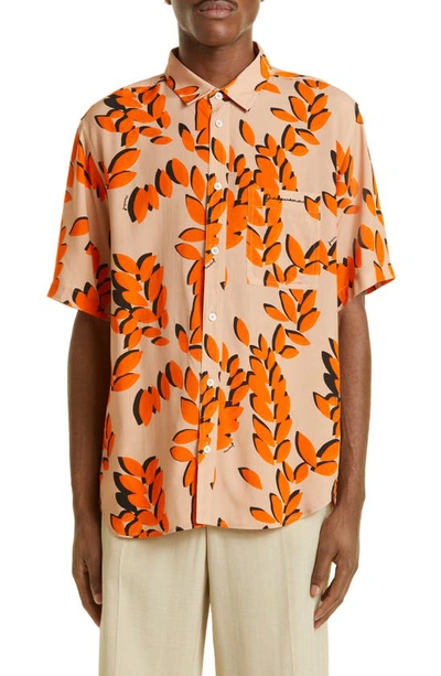 Shop Jacquemus La Chemise Melo Print Bowling Shirt In Print Orange Leaves 7an