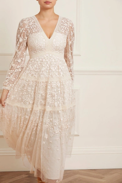 Needle & Thread Celestia Ribbon Long Sleeve V-neck Gown In Champagne