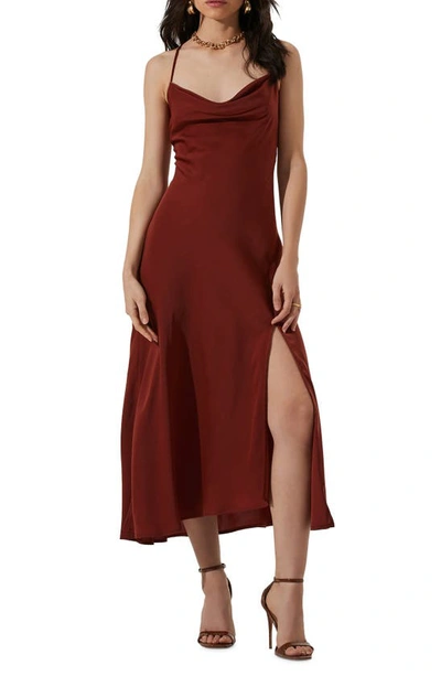 Shop Astr Gaia Cowl Neck Satin Dress In Brown