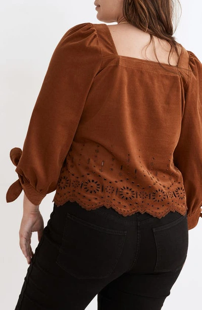 Shop Madewell Embroidered Eyelet Tie-sleeve Corduroy Top In Warm Coffee