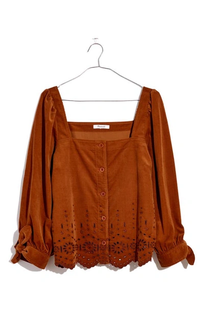 Shop Madewell Embroidered Eyelet Tie-sleeve Corduroy Top In Warm Coffee