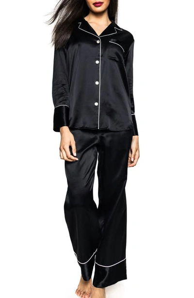 Shop Petite Plume Contrast Piping Silk Pajamas In Black
