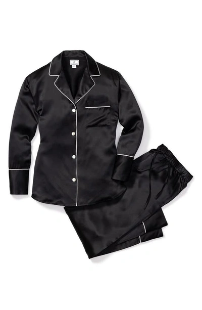 Petite Plume Contrast Piping Silk Pajamas In Black