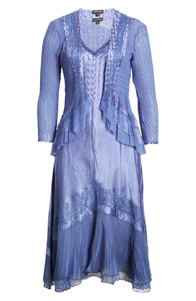Shop Komarov Beaded Charmeuse & Chiffon Tiered Dress With Jacket In Fregatta Blue Ombre