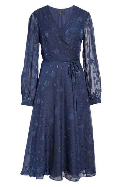 Shop Lulus Evening Of Elegance Floral Long Sleeve Midi Wrap Dress In Navy Blue Floral