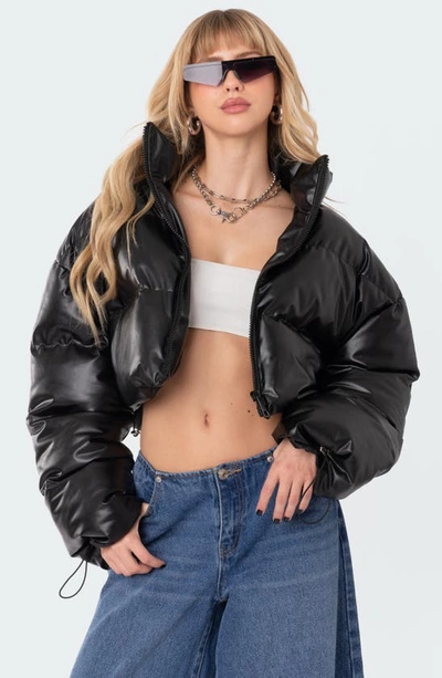 Shop Edikted Dusk Crop Faux Leather Puffer Jacket In Black