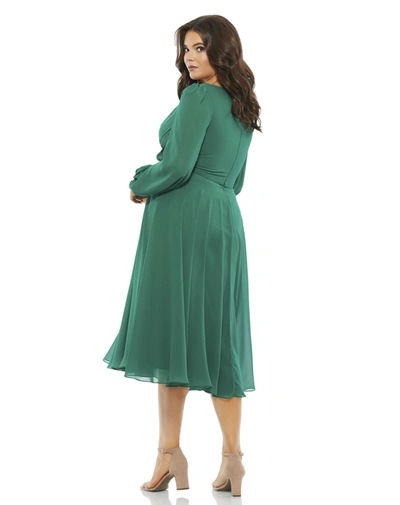 Shop Mac Duggal Chiffon Bishop Sleeve Dress Surplice Dress (plus) In Emerald Green