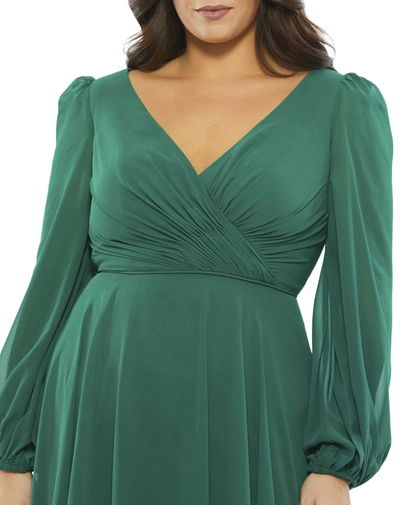 Shop Mac Duggal Chiffon Bishop Sleeve Dress Surplice Dress (plus) In Emerald Green