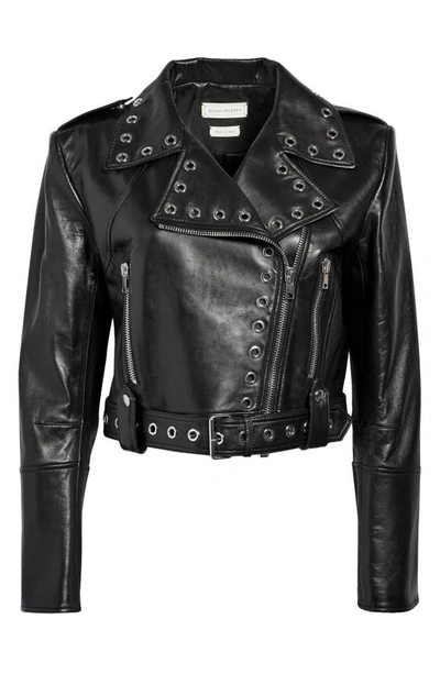 Shop Alexander Mcqueen Grommet Leather Biker Jacket In 1038 Black/ Silver