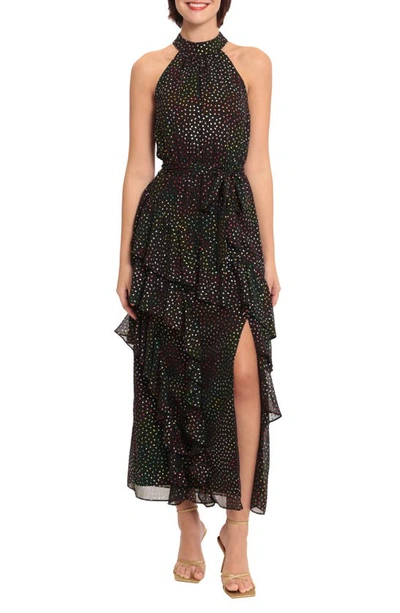 Shop Donna Morgan For Maggy Color Dot Halter Neck Ruffle Maxi Dress In Black/mult