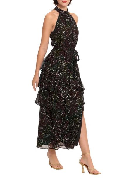 Shop Donna Morgan For Maggy Color Dot Halter Neck Ruffle Maxi Dress In Black/mult