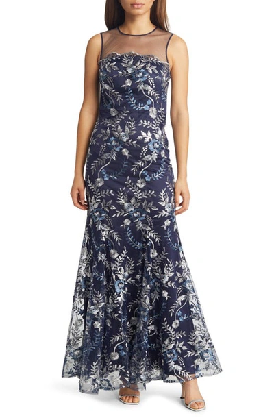 Shop Eliza J Floral Sequin Embroidered Sheer Yoke Gown In Navy