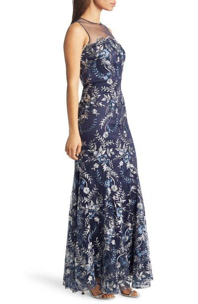 Shop Eliza J Floral Sequin Embroidered Sheer Yoke Gown In Navy