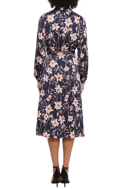 Shop Maggy London Floral Print Long Sleeve Midi Dress In Navy/ Cream
