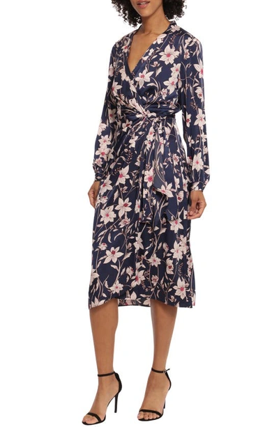Shop Maggy London Floral Print Long Sleeve Midi Dress In Navy/ Cream