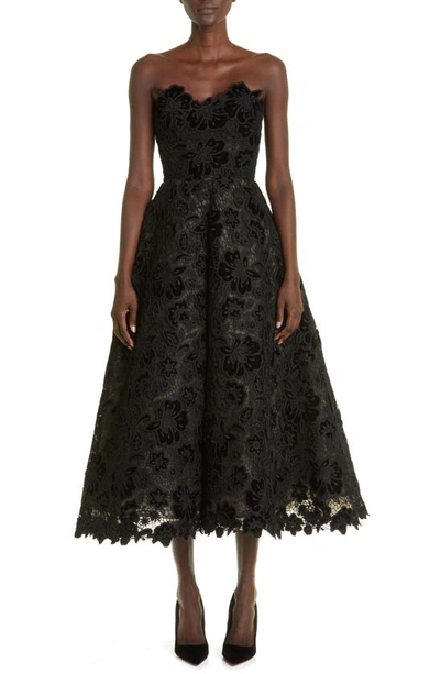 Shop Carolina Herrera Strapless Velvet Floral Lace Dress In Black