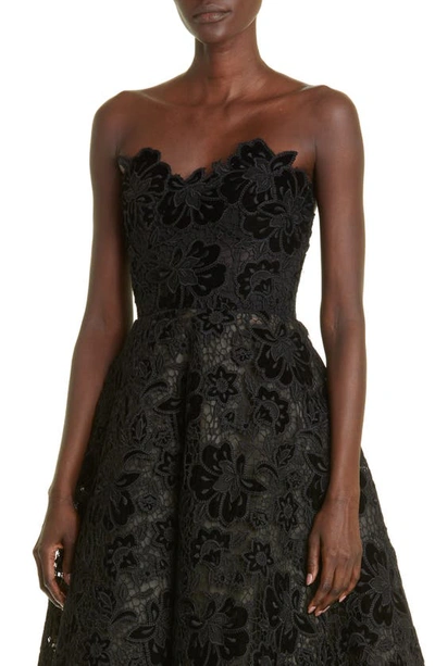 Shop Carolina Herrera Strapless Velvet Floral Lace Dress In Black