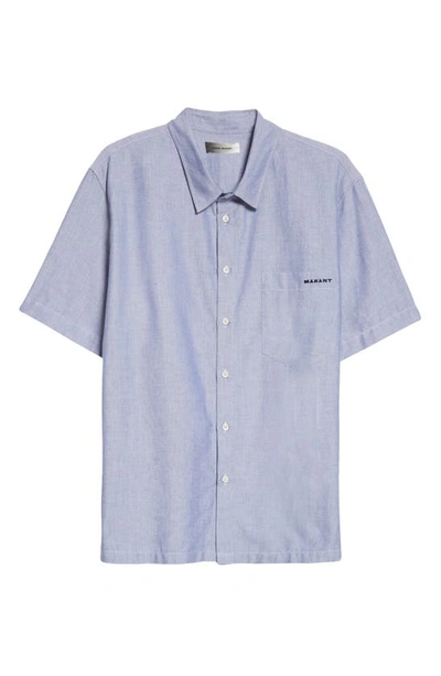 Shop Isabel Marant Iggy Embroidered Logo Short Sleeve Button-up Shirt In Blue 30bu
