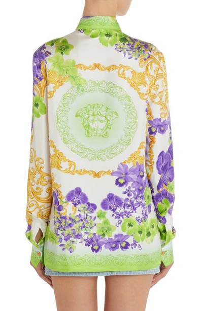 Shop Versace Orchid Medusa Print Silk Button-up Blouse In White/ Green